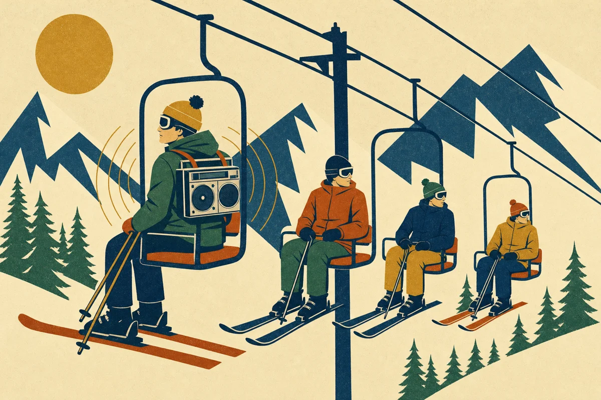 Vintage poster-style illustration of a lone skier riding a chairlift above a cream-colored slope, with a small boombox strapped to his backpack, while three strangers on the same chair lean away from him beneath a geometric forest-green ridge and an ochre sun
