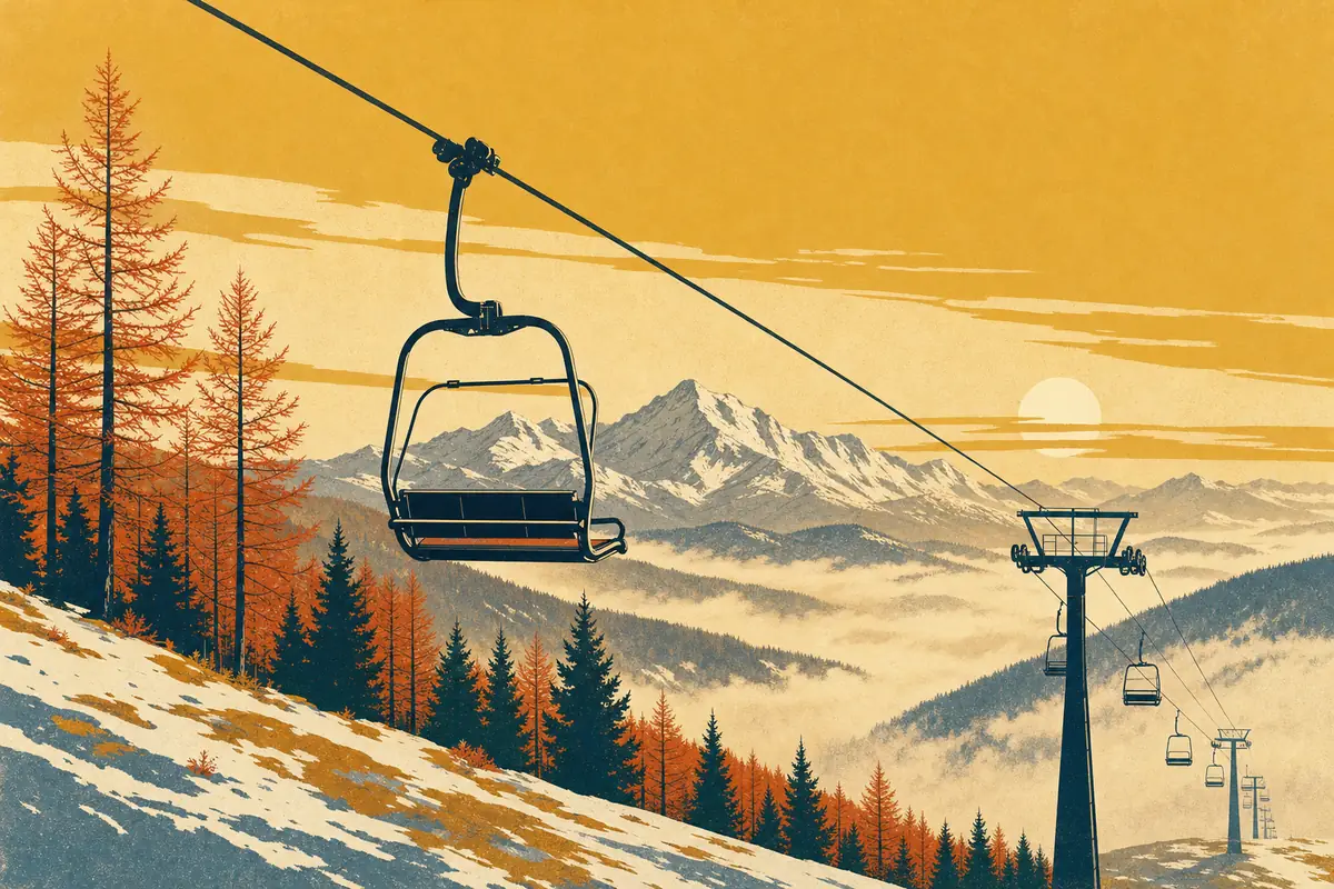 Vintage poster-style illustration of an empty chairlift over ridgelines dusted with the first snow of the season, autumn larches below