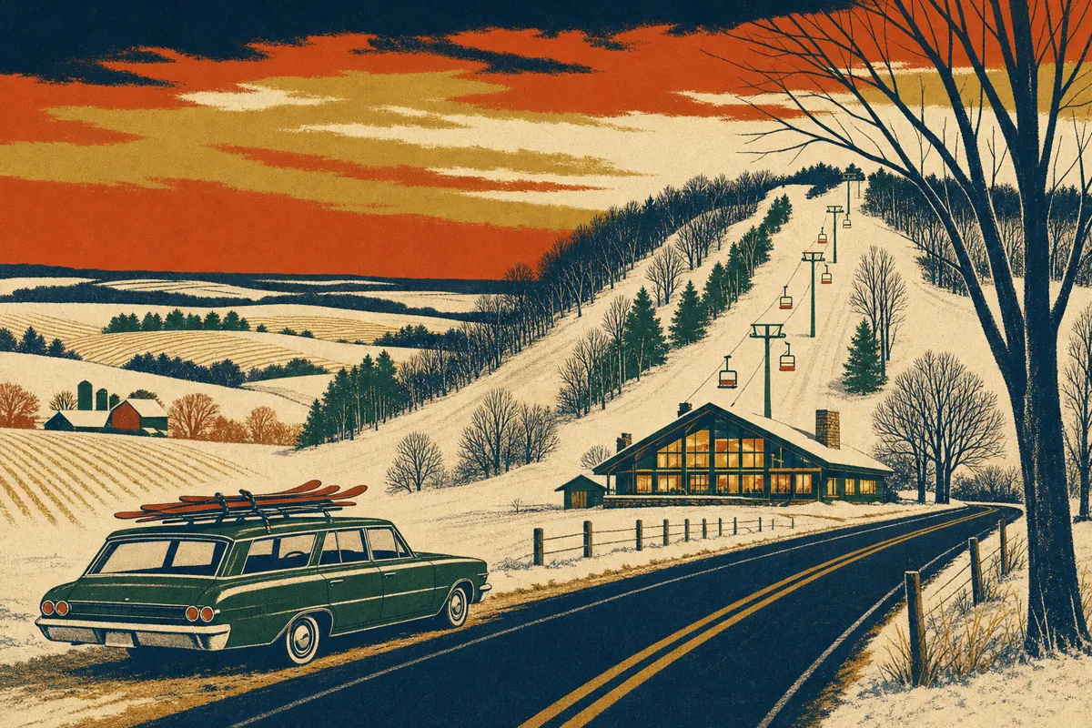 Vintage ski-poster of a small Midwestern ski hill beside a two-lane road — station wagon with skis on the roof, warm-lit day lodge, chairlift climbing the slope.