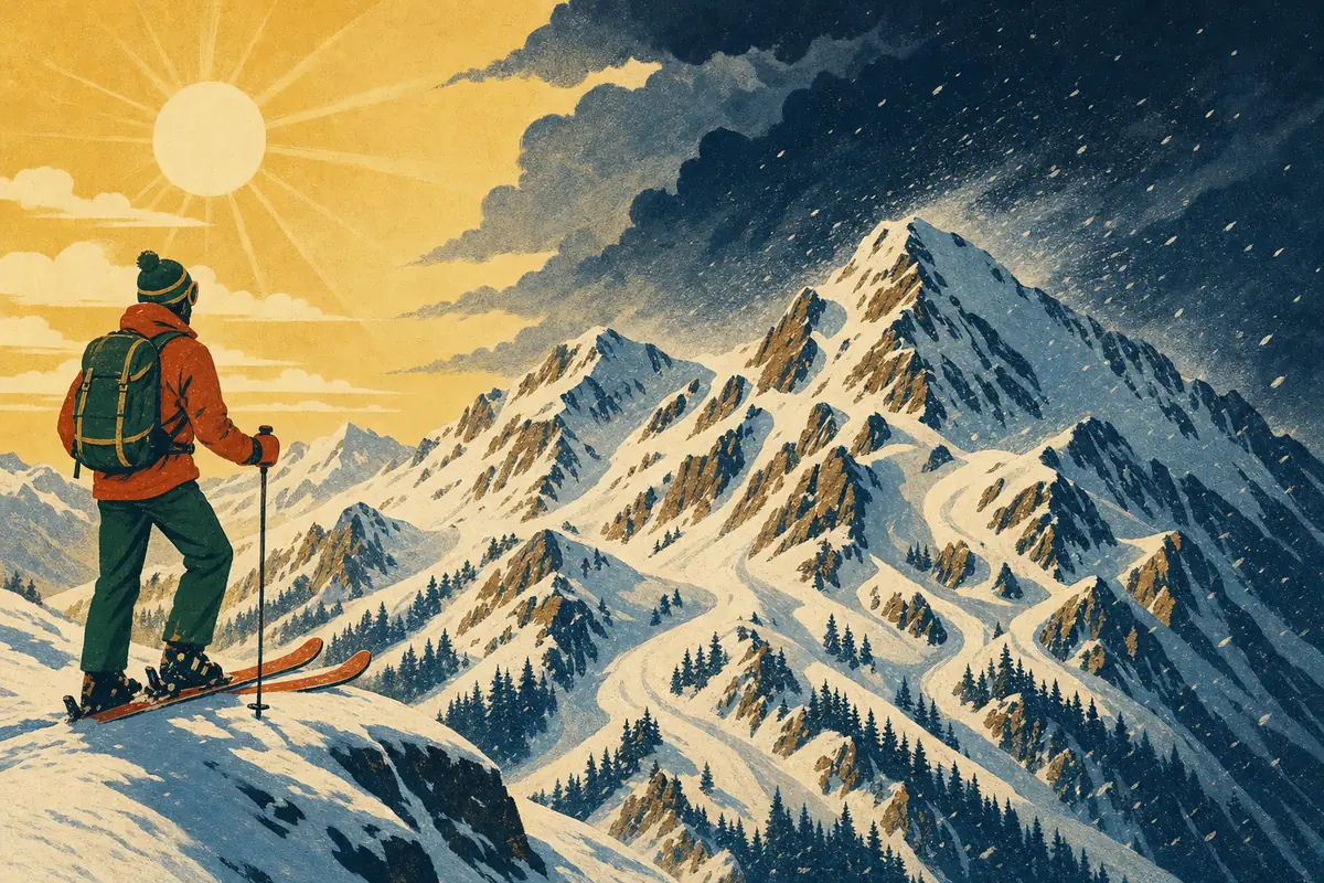 Vintage poster-style illustration of a skier reading the mountain to choose a line as the sky splits between golden sun and storm clouds