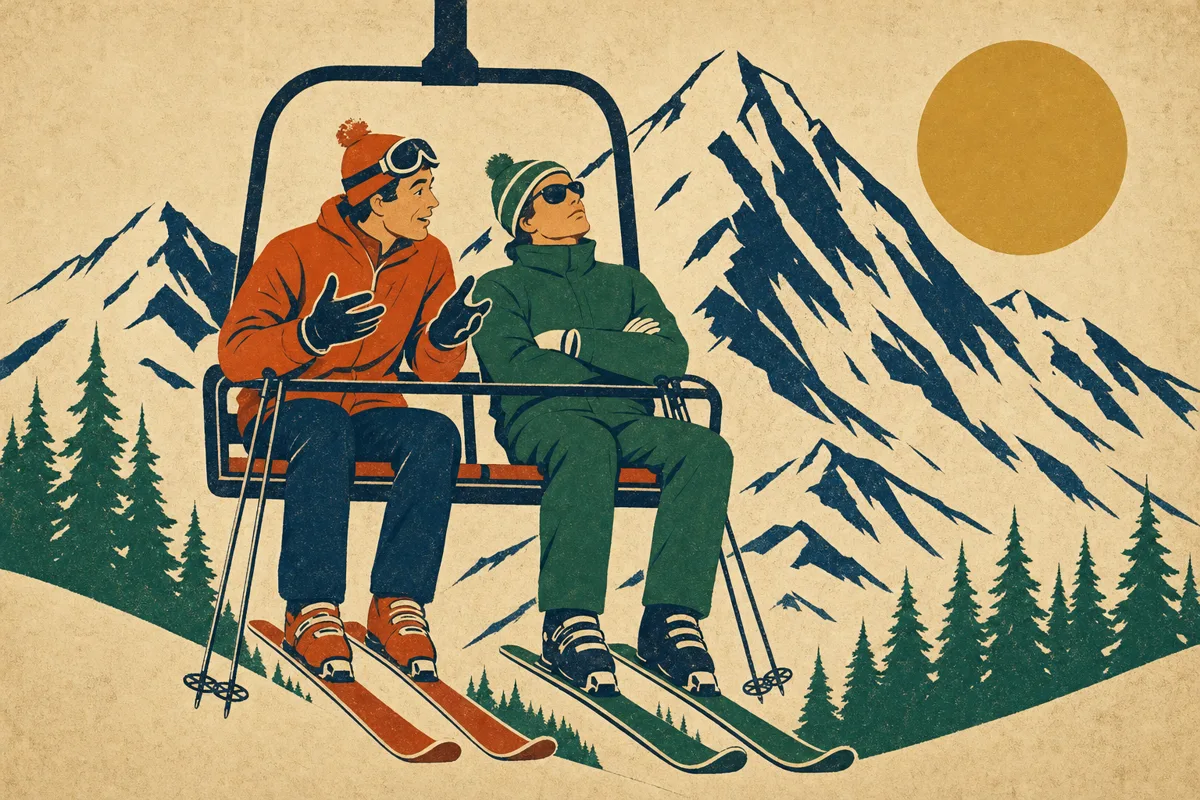 Vintage ski poster of two strangers on a chairlift, one leaning in mid-conversation, the other gazing silently at geometric snow-covered peaks under an ochre sun.