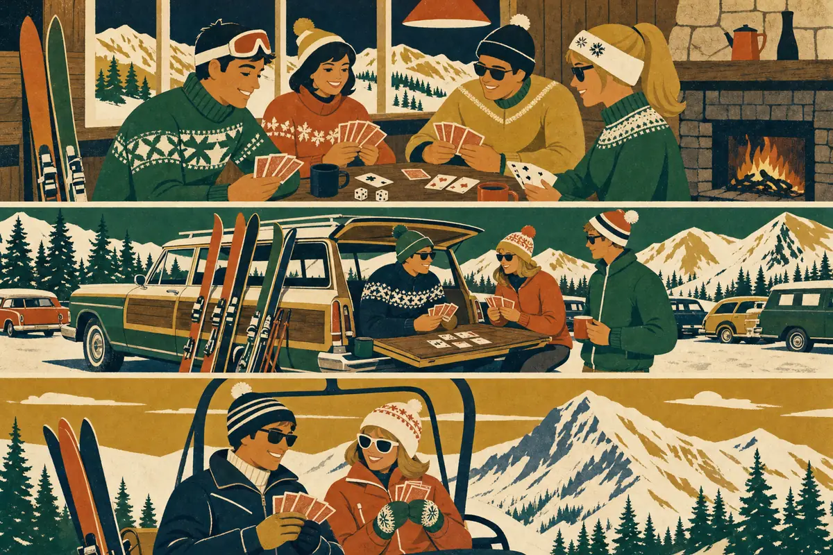 Vintage poster-style triptych of the same card game played at a cabin table, on a tailgate by a woody station wagon, and on a chairlift