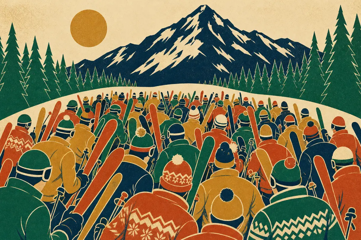 Vintage poster-style illustration of a dense crowd of colorful skiers crammed shoulder to shoulder on a wide cream ski run, packed tight like a mosh pit beneath a geometric forest-green peak and an ochre sun