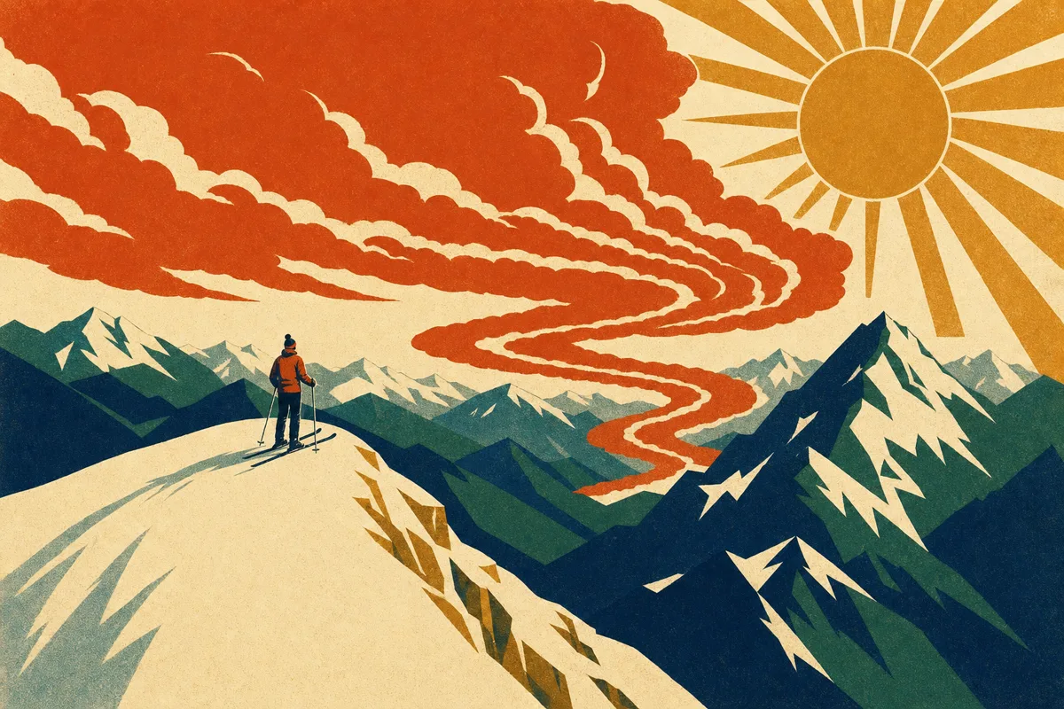 Vintage poster-style illustration of a lone skier on a cream ridgeline beneath an enormous ochre sun, a ribbon of burnt-orange storm clouds curving south over geometric forest-green peaks
