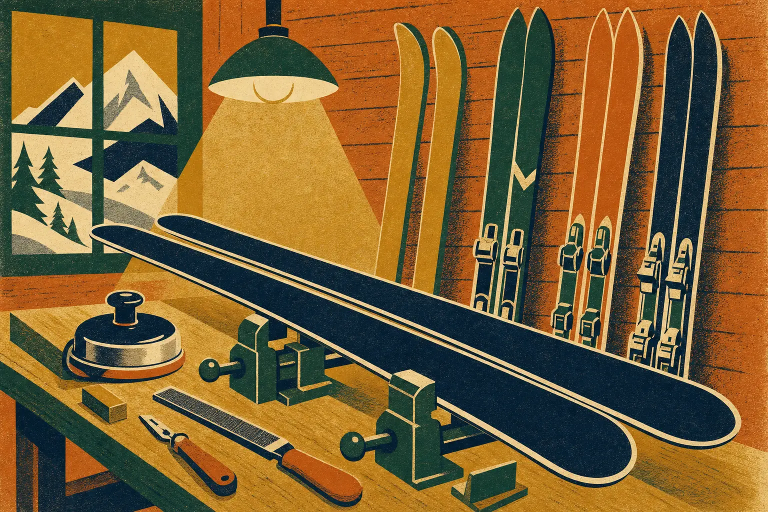 Vintage poster-style illustration of skis clamped base-up in a tuning vise on a lamplit ski shop workbench, a wax iron and edge tools at hand, a row of skis leaning along a wood-plank wall