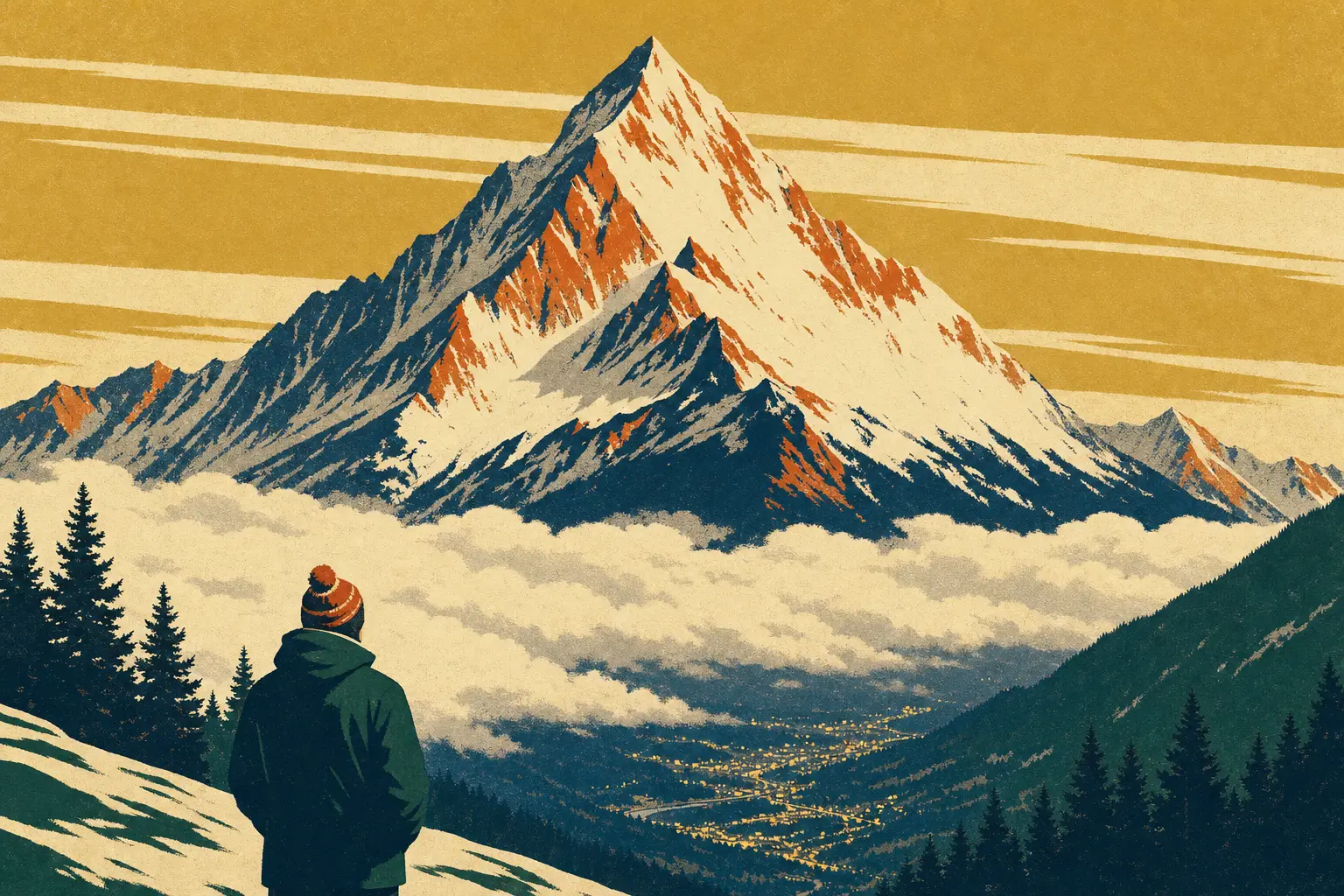 Vintage poster-style illustration of a lone person in winter gear, seen from behind, gazing up at a snow-capped peak rising above the clouds with valley lights far below