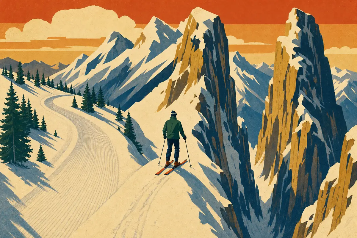 Vintage poster-style illustration of a skier at a mountain fork choosing between a safe groomed run and a steep couloir between rock towers