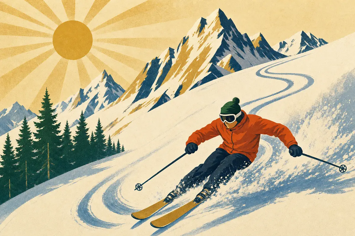 Vintage poster-style illustration of a skier carving a bold S-shaped trail down a sunlit slope beneath towering peaks