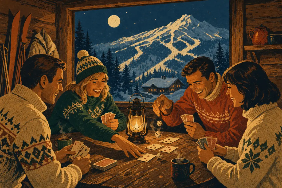 Vintage poster-style illustration of four friends playing cards and dice by lantern light in a timber cabin, a moonlit ski mountain through the window